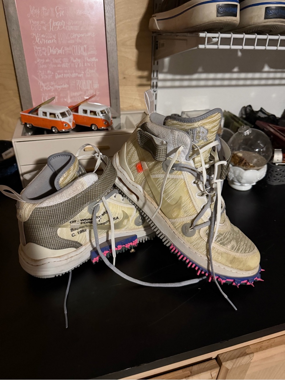Off-White Men's Beige and Gray High-Top Sneakers with Pink Spike Outsole
